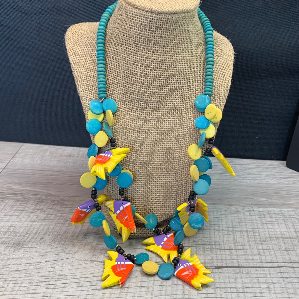 Hand Painted Wooden Fish Bead Necklace Turquoise Yellow Tropical Beach 24 Inch